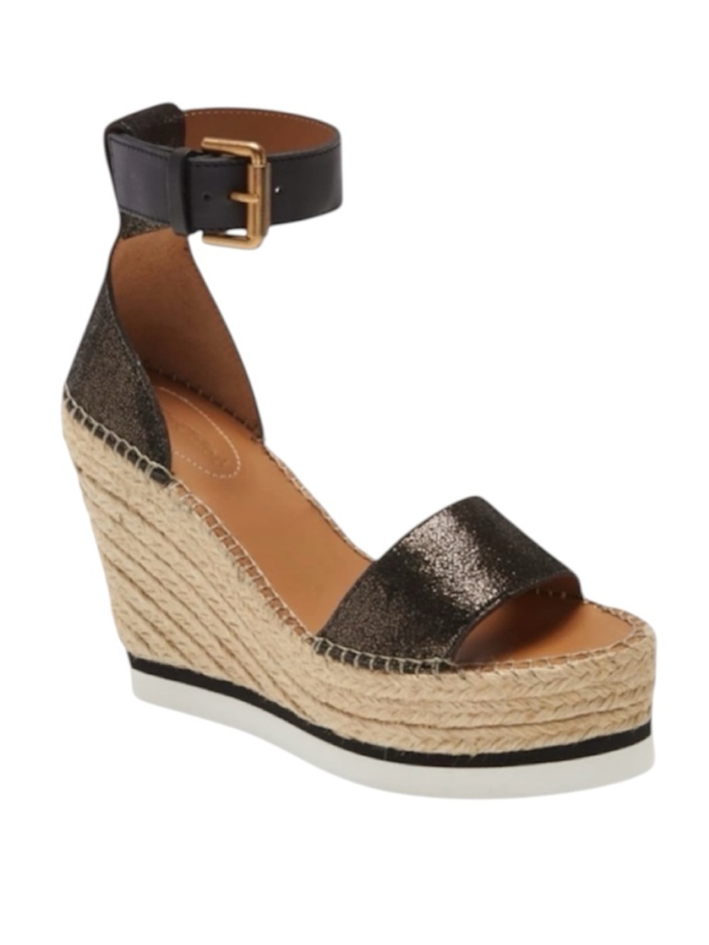 NWOB See by Chloe Black and Gold Metallic Glyn Espadrille Wedge Sandals - Sz 8